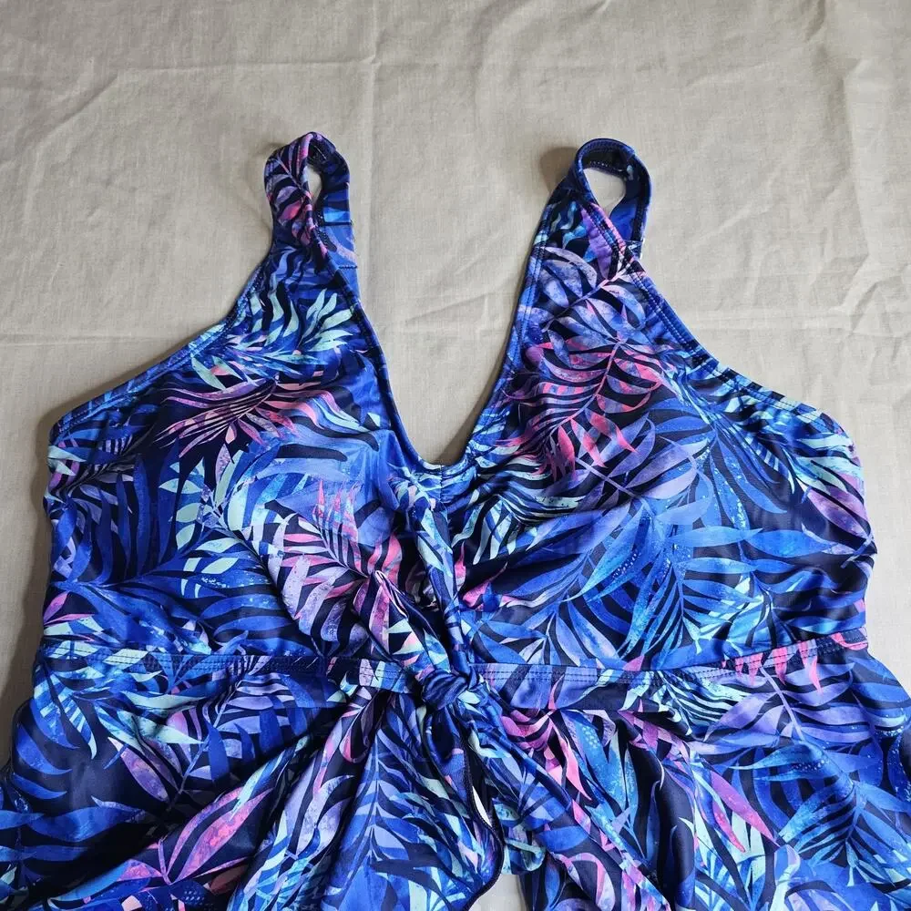 Yonique Tankini Swim Top Leaf Print Adjustable Straps Xl Blue Pink Coastal Beach